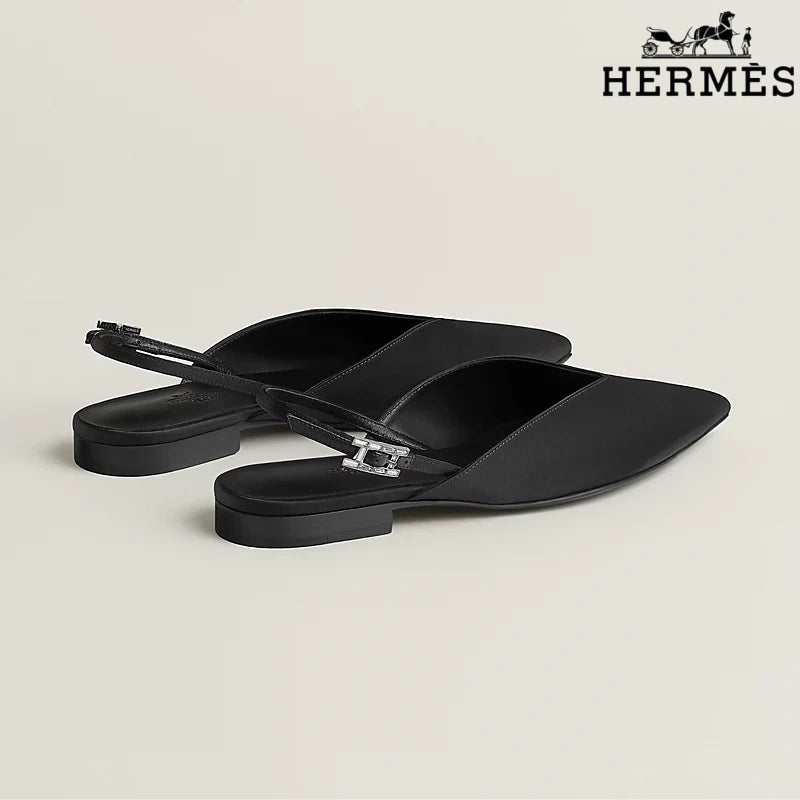 Hermès Black Leather Slingback Flats