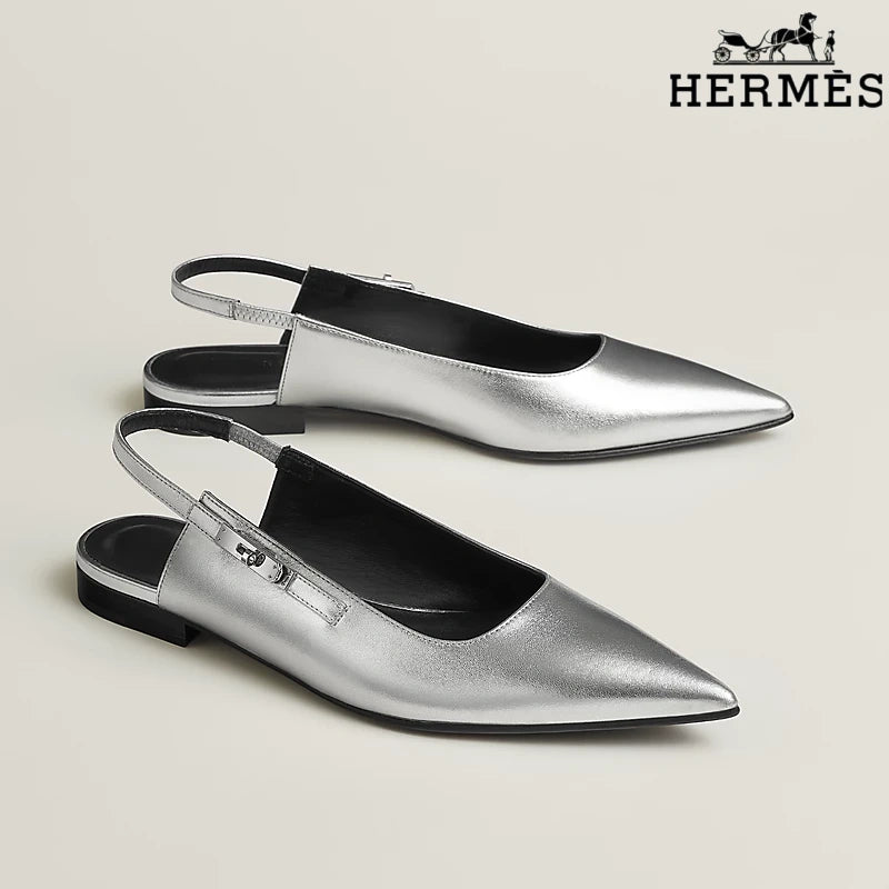 Hermès Silver Metallic Leather Slingback Flats