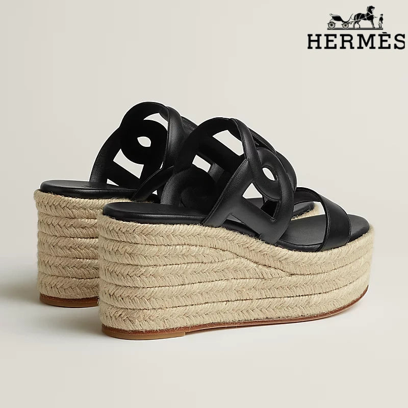 Hermès Black Leather Wedge Espadrille Sandal