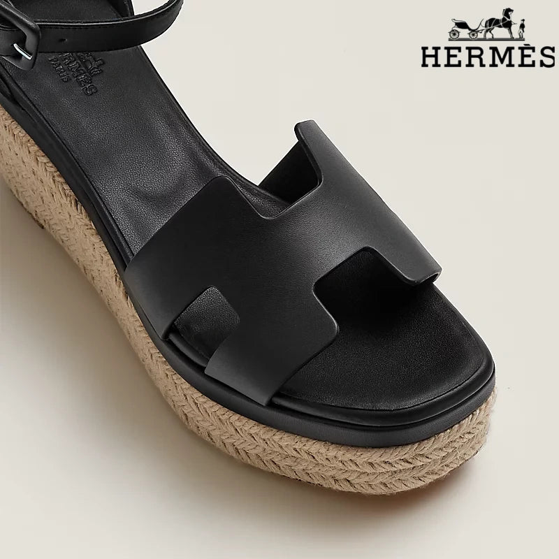 Hermès Black Leather Wedge Espadrille Sandal