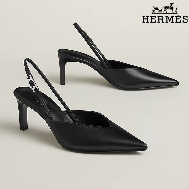 Hermès Black Leather Slingback High Heels