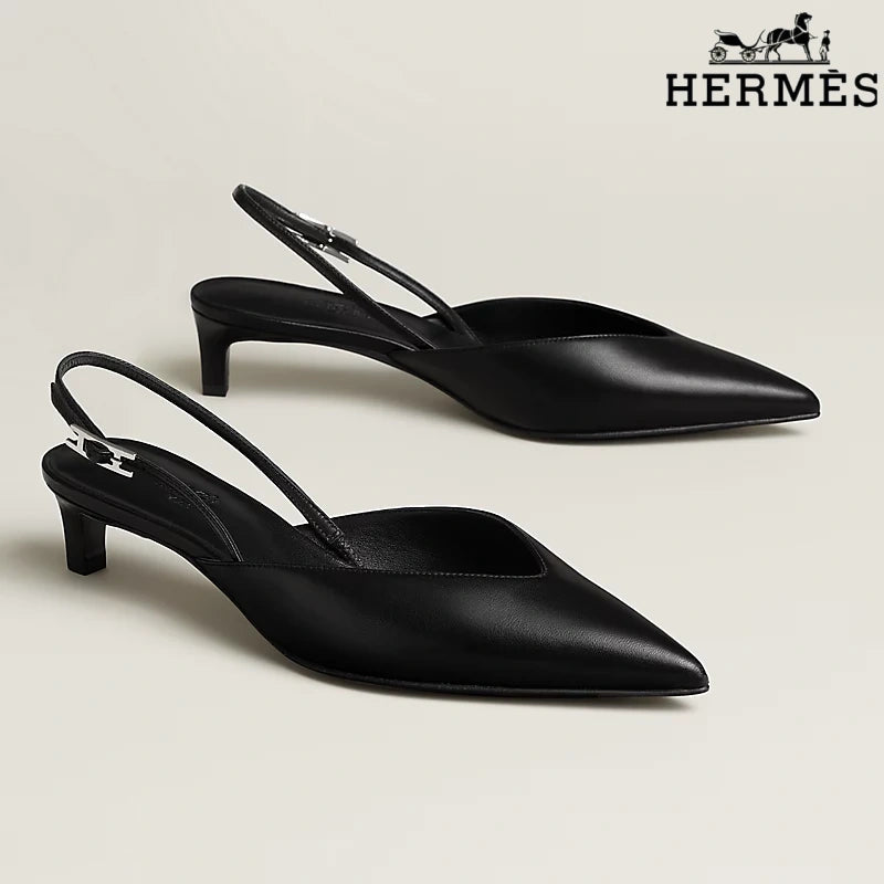 Hermès Black Leather Slingback Kitten Heels