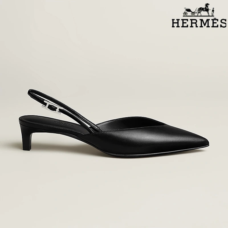 Hermès Black Leather Slingback Kitten Heels