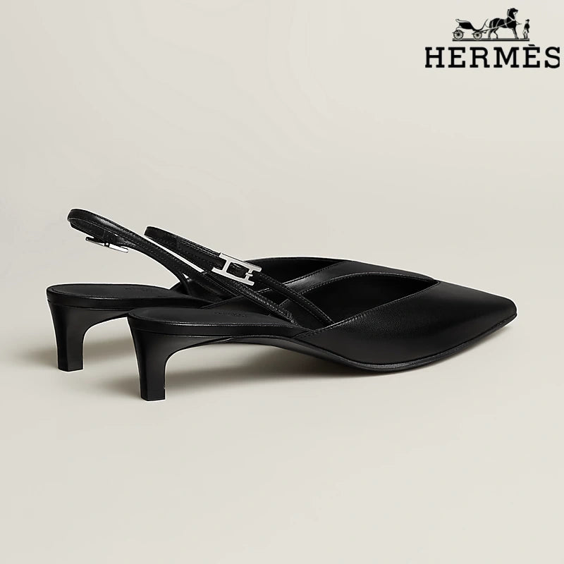 Hermès Black Leather Slingback Kitten Heels