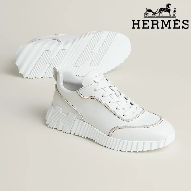 Hermès White Leather Ridged Sole Sneakers