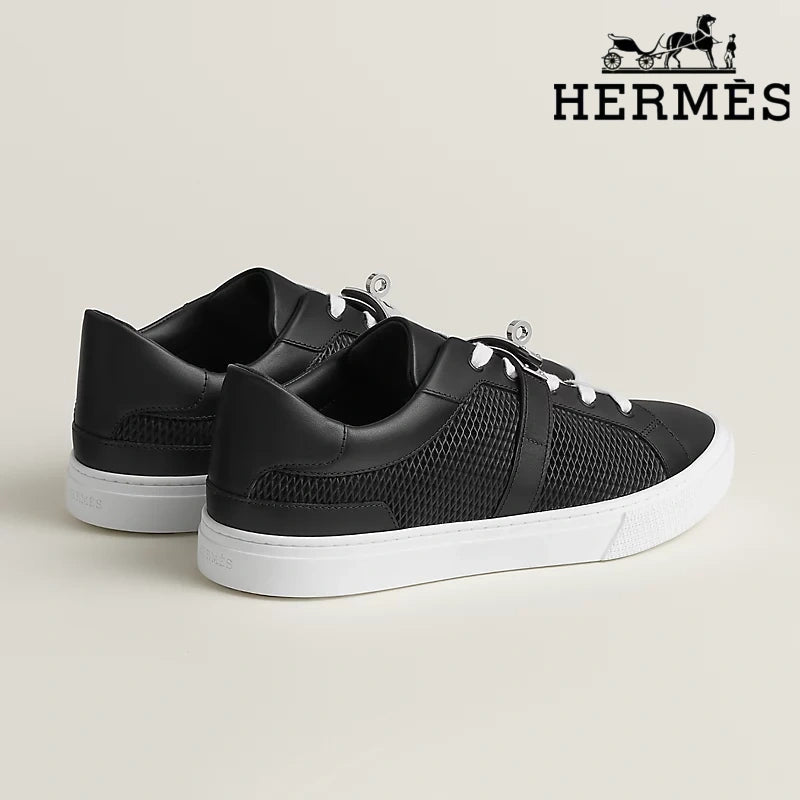 Hermès Black Leather Mesh Low Top Sneakers