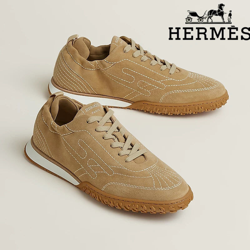 Hermès Khaki Suede Stitched Sneaker