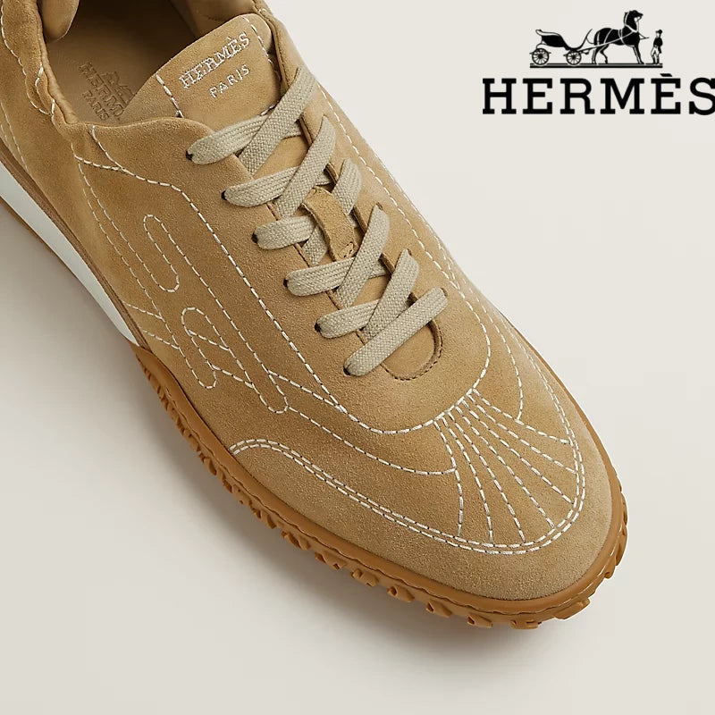 Hermès Khaki Suede Stitched Sneaker