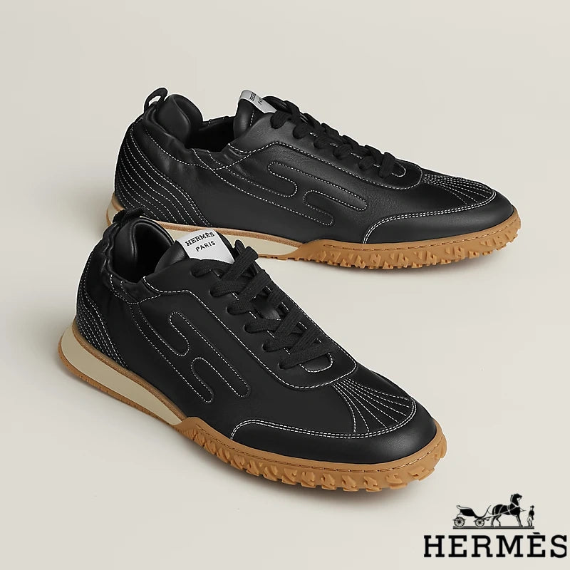 Hermès Black Leather Stitched Sneakers