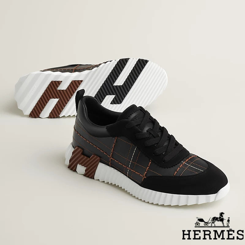 Hermès Black Grid Stitching Platform Sneakers