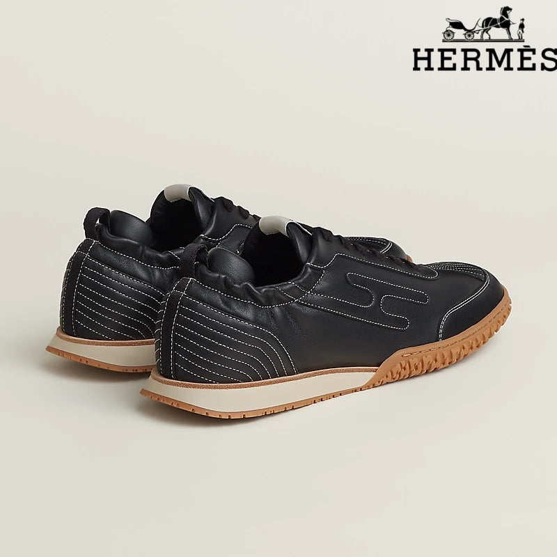 Hermès Black Leather Contrast Stitch H-Logo Sneakers