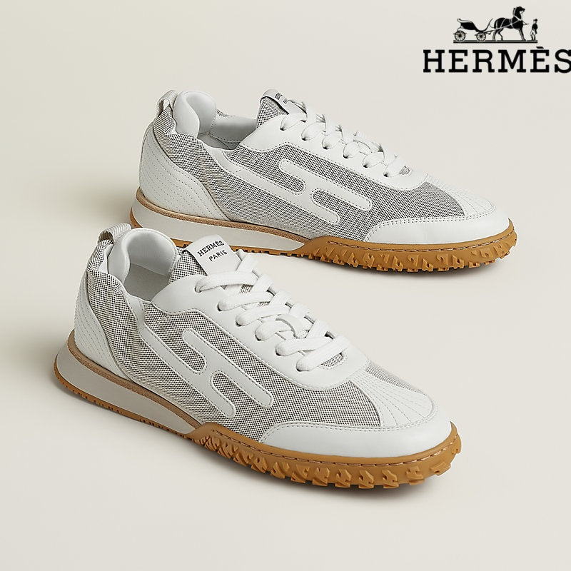 Hermès White Mesh and Leather Sneakers with H-Logo