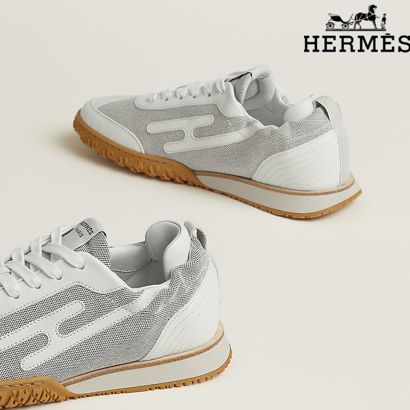 Hermès White Mesh and Leather Sneakers with H-Logo