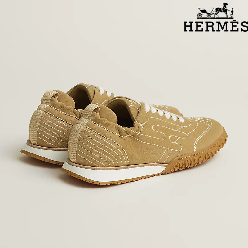 Hermès Camel Suede Contrast Stitch H-Logo Sneakers