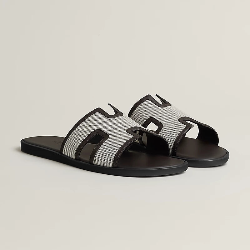 Hermès Men's H-Cutout Slide Sandals in Brown Canvas