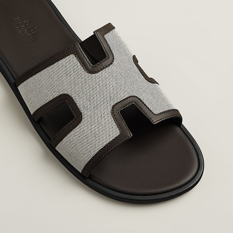 Hermès Men's H-Cutout Slide Sandals in Brown Canvas