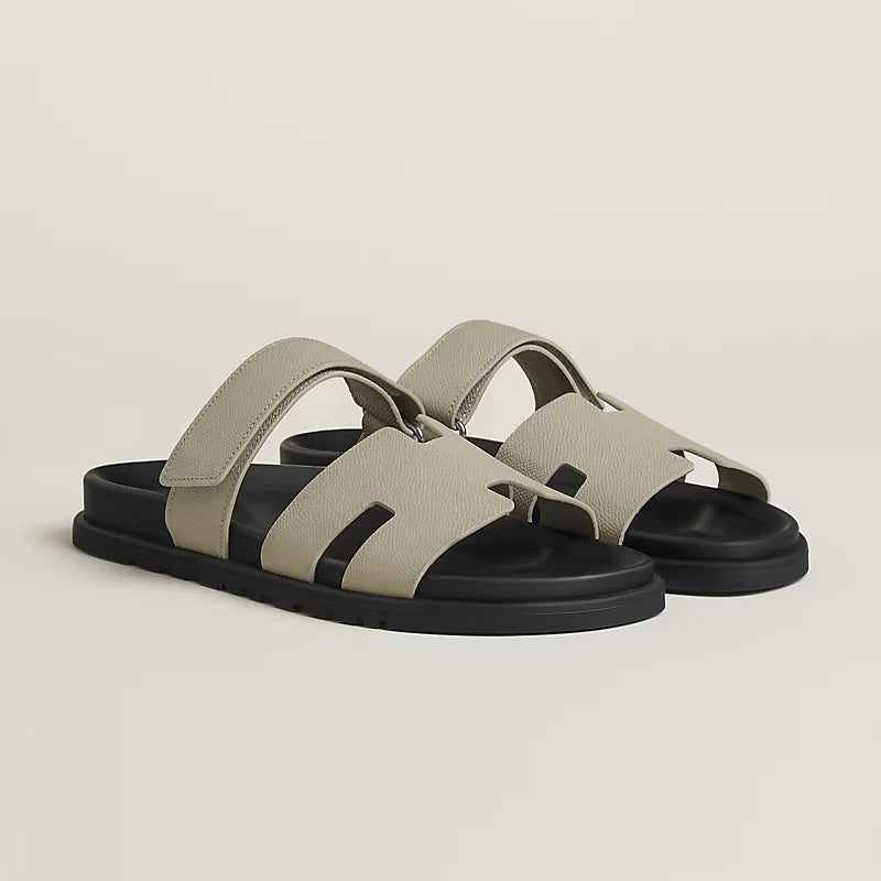Hermès Men's H-Cutout Adjustable-Strap Slides in Light Grey Leather