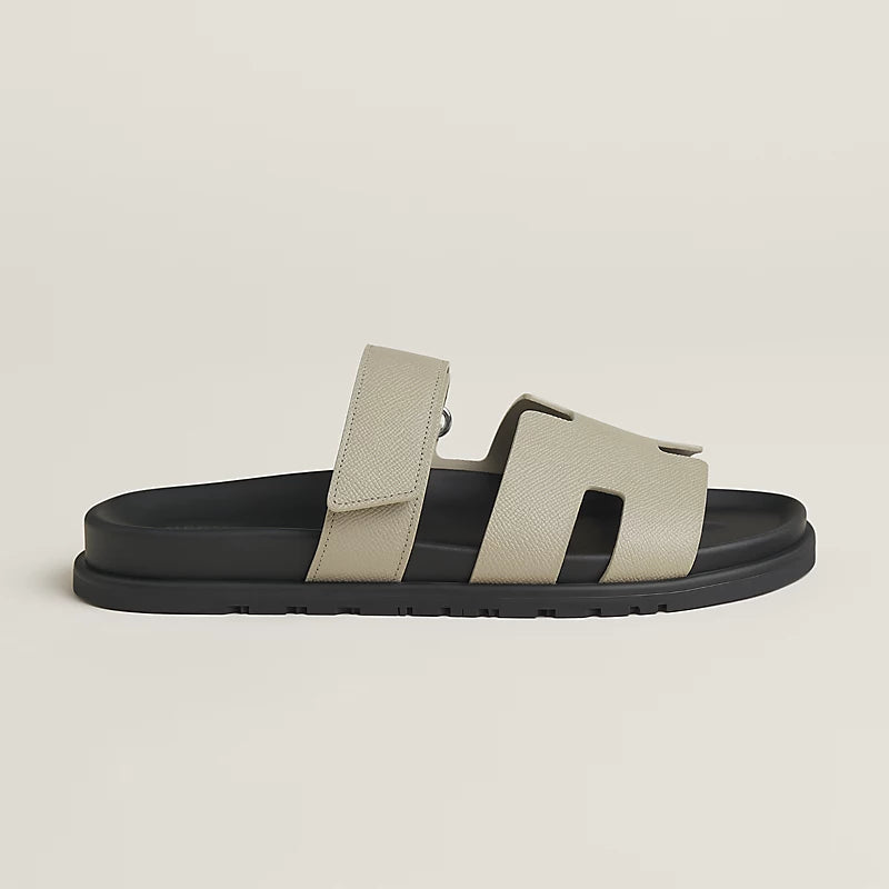 Hermès Men's H-Cutout Adjustable-Strap Slides in Light Grey Leather