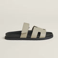 Hermès Men's H-Cutout Adjustable-Strap Slides in Light Grey Leather