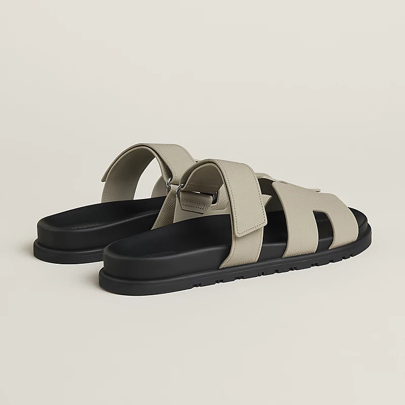 Hermès Men's H-Cutout Adjustable-Strap Slides in Light Grey Leather