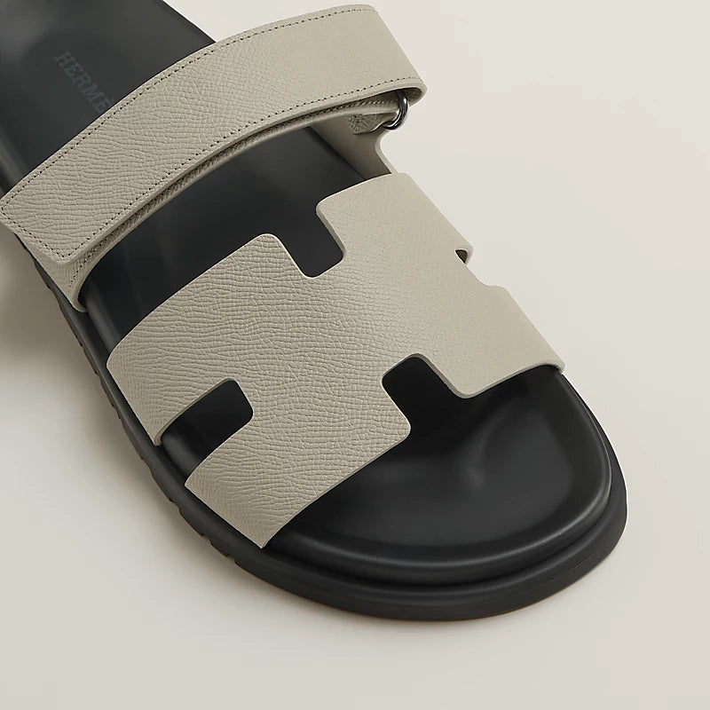Hermès Men's H-Cutout Adjustable-Strap Slides in Light Grey Leather