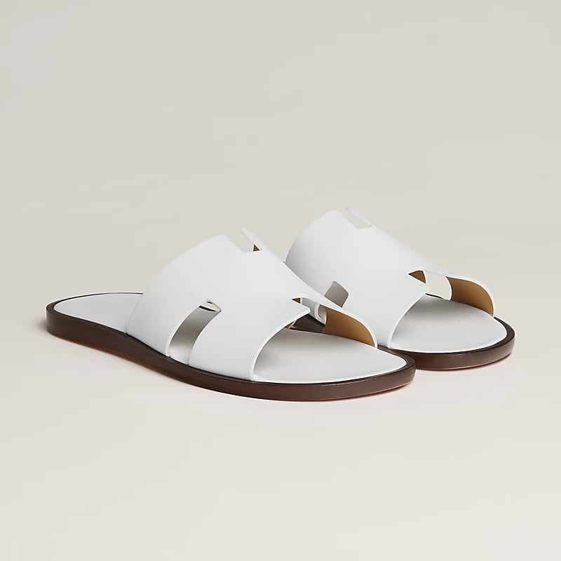 Hermès Men's H-Cutout Slide Sandals in White Leather