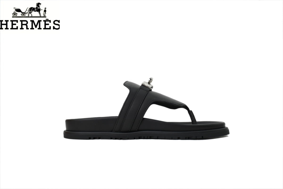 Hermès Black Leather Flip-Flop Slide with Metal Buckle