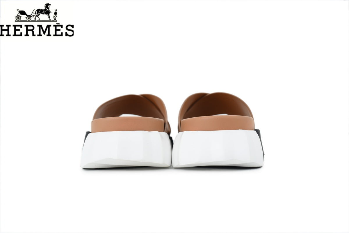 Hermès Tan Leather Cross-Strap Slide Sandal