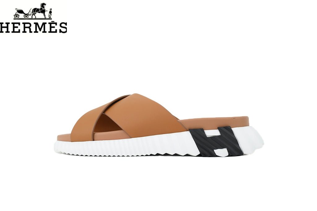 Hermès Tan Leather Cross-Strap Slide Sandal