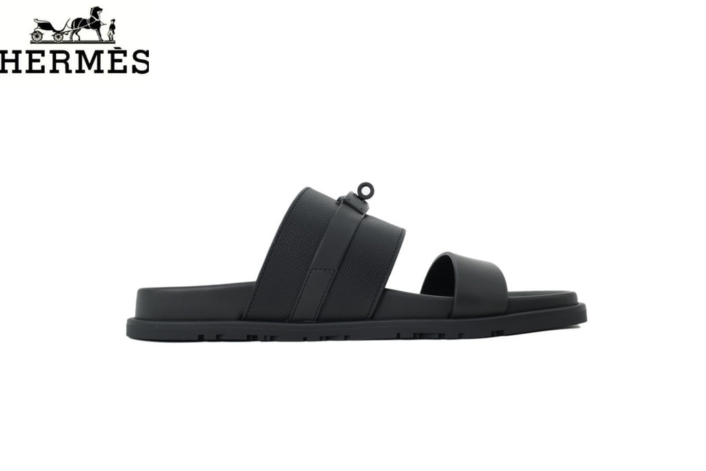 Hermès Black Leather Dual-Strap Slide Sandal