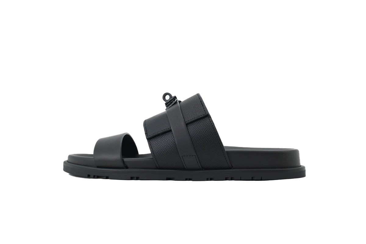 Loro Piana Single-Strap Slide Sandals in Black Leather