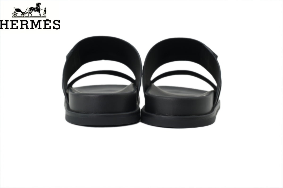 Hermès Black Leather Dual-Strap Slide Sandal