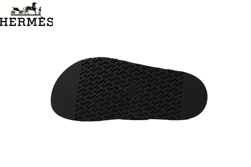 Hermès Black Leather Flip-Flop Slide with Metal Buckle