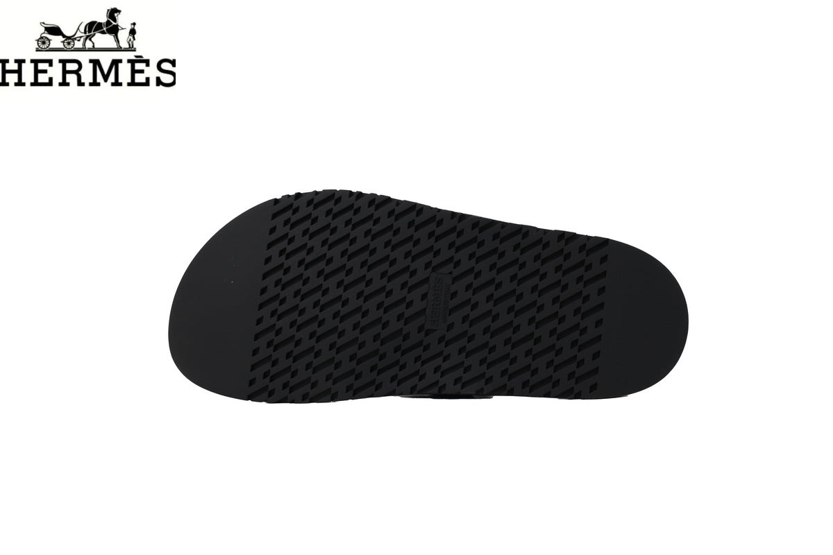 Hermès Black Leather Flip-Flop Slide with Metal Buckle