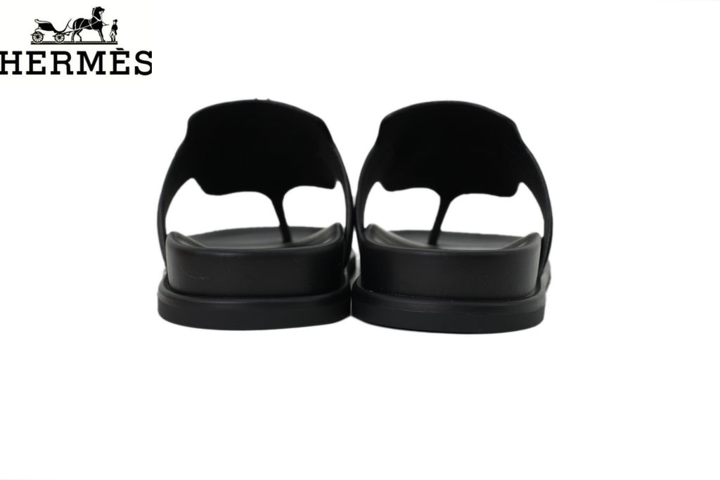 Hermès Black Leather Flip-Flop Slide with Metal Buckle
