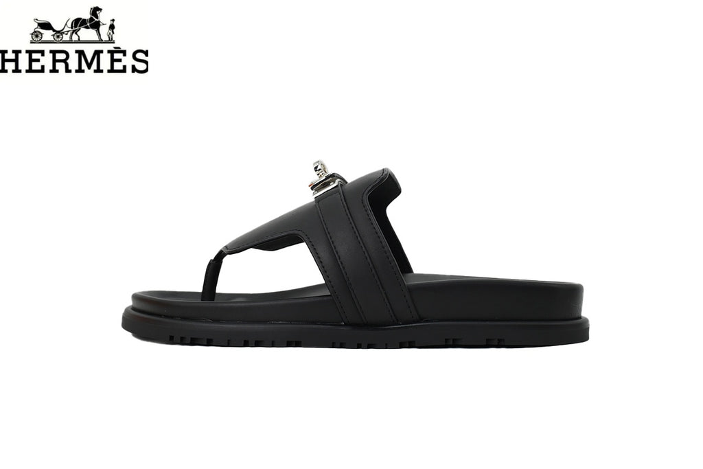 Hermès Black Leather Flip-Flop Slide with Metal Buckle