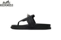 Hermès Black Leather Flip-Flop Slide with Metal Buckle