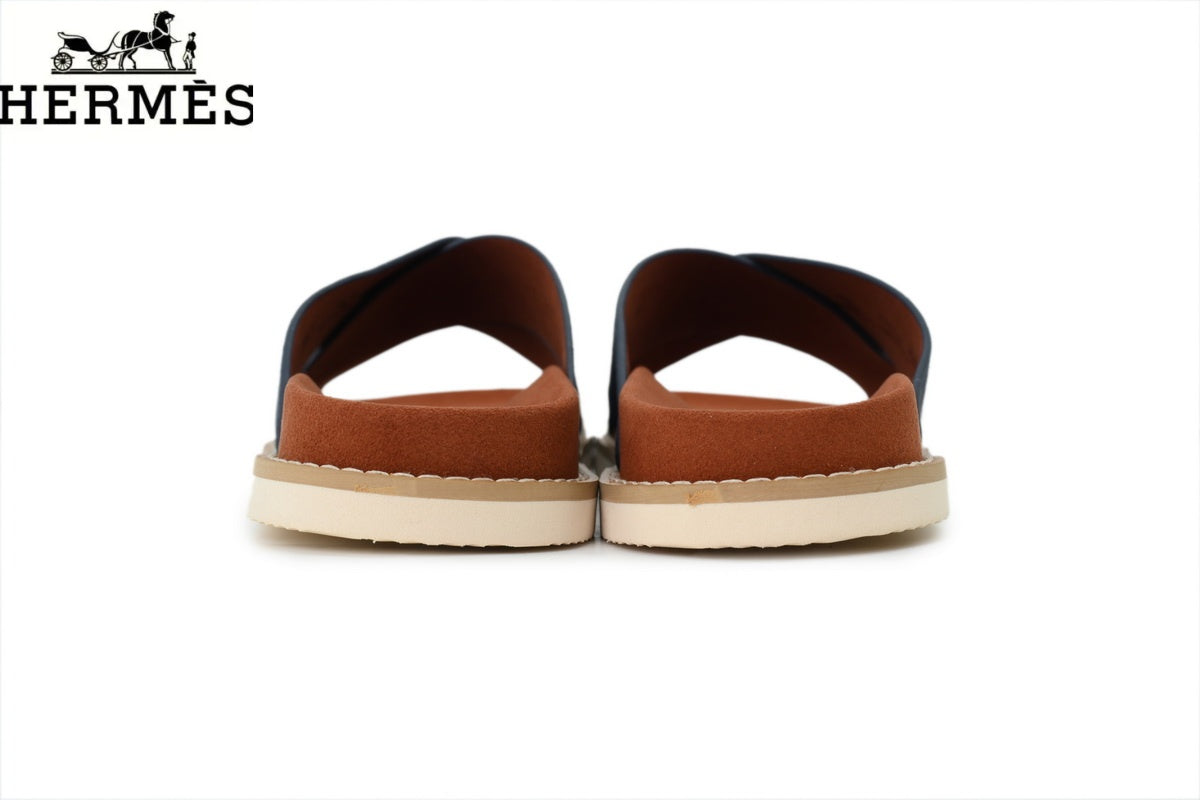 Loro Piana Navy Blue Suede Cross-Strap Slide Sandal