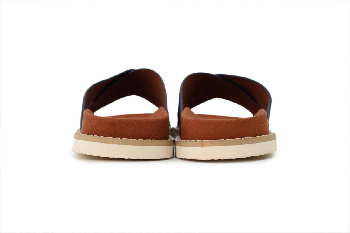 Loro Piana Cross-Strap Slide Sandals in Navy Suede
