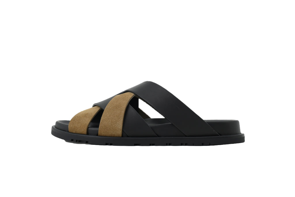 Hermès Cross-Strap Slide Sandals in Black and Khaki