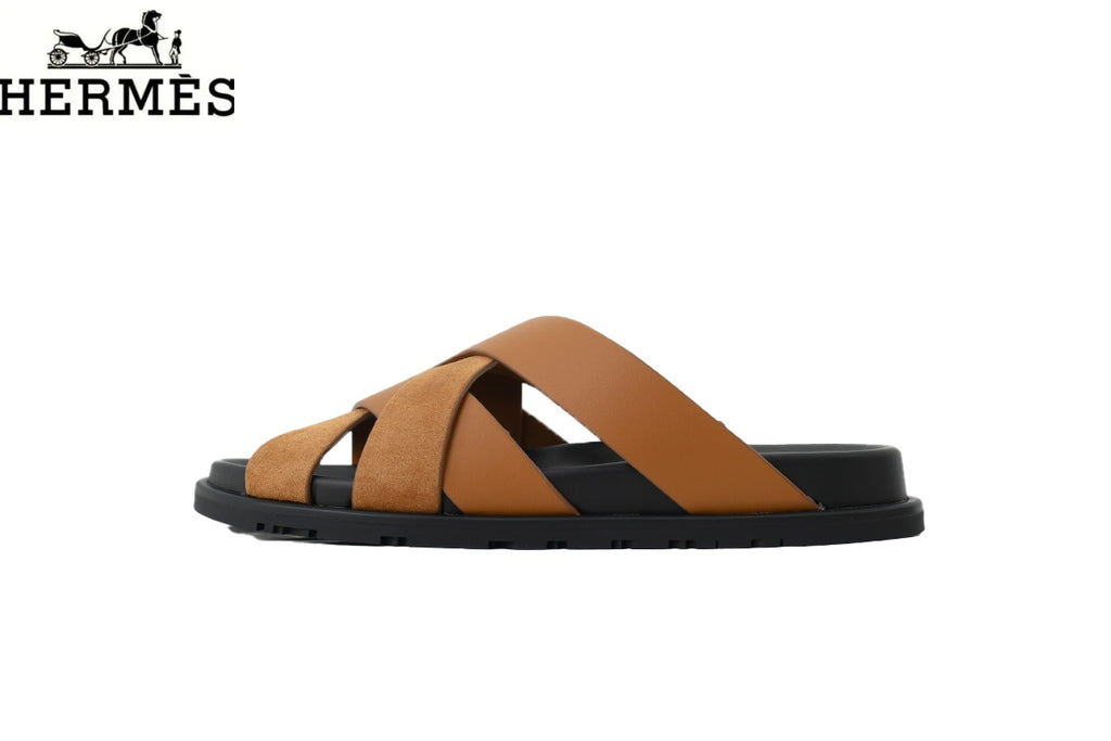 Hermès Tan Leather and Suede Cross-Strap Slide Sandal