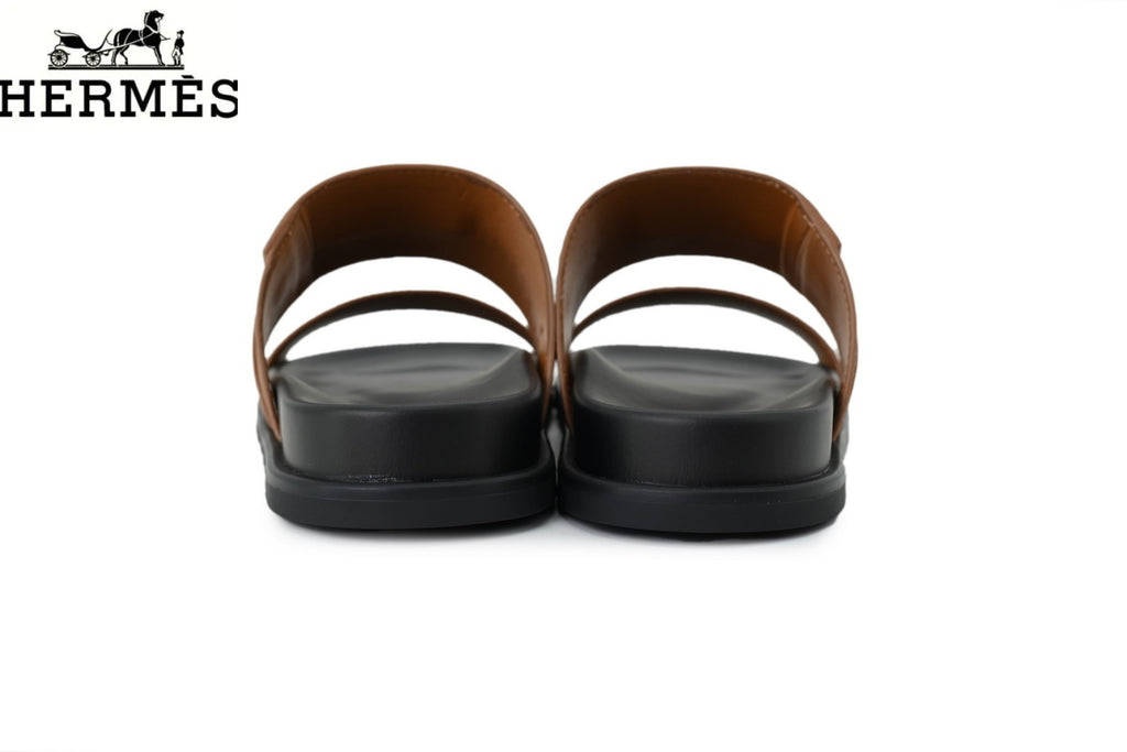 Hermès Tan Leather Dual-Strap Slide Sandal