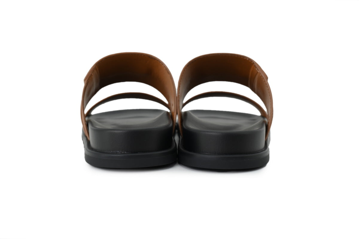 Loro Piana Single-Strap Slide Sandals in Tan Leather