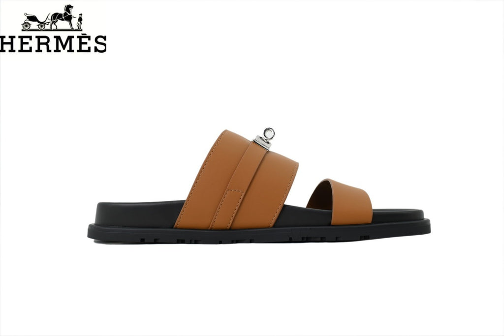 Hermès Tan Leather Dual-Strap Slide Sandal