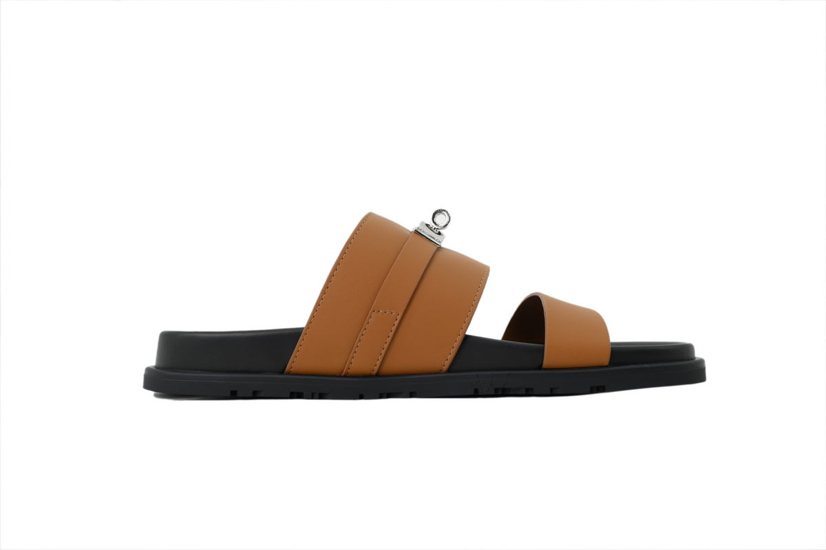 Loro Piana Single-Strap Slide Sandals in Tan Leather