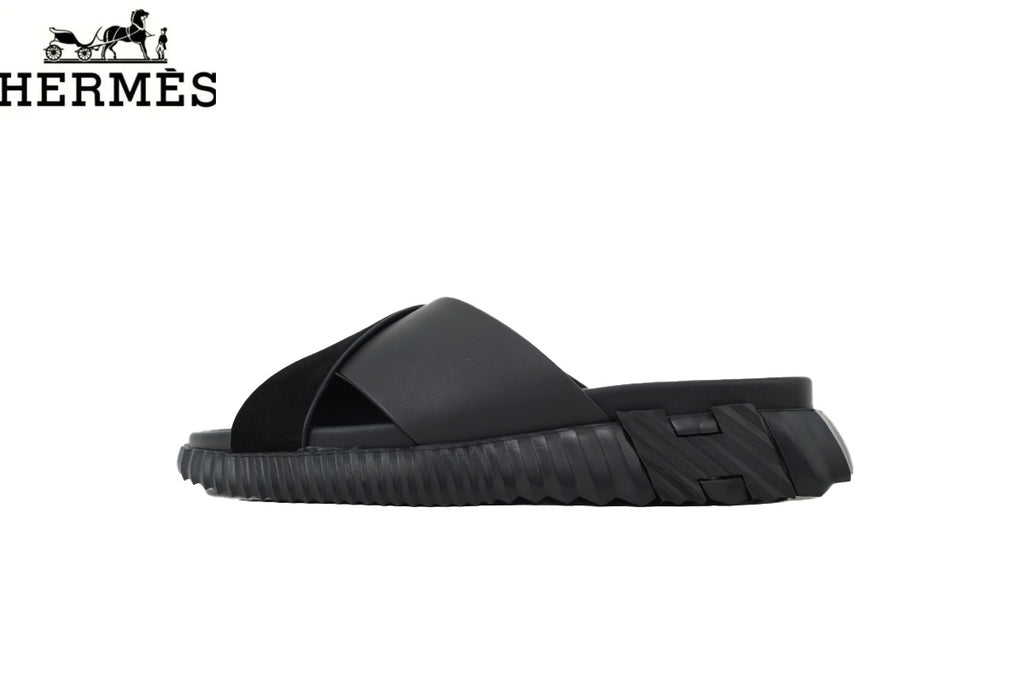Hermès Black Leather and Suede Cross-Strap Platform Slide Sandal