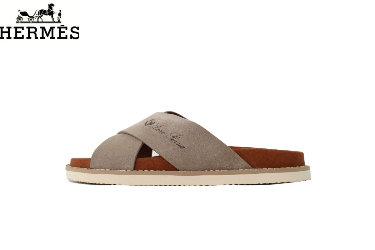 Loro Piana Light Grey Suede Cross-Strap Slide Sandal