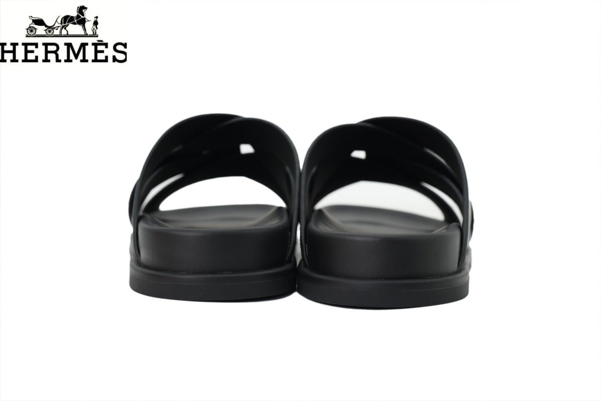 Hermès Black Leather and Suede Cross-Strap Slide Sandal