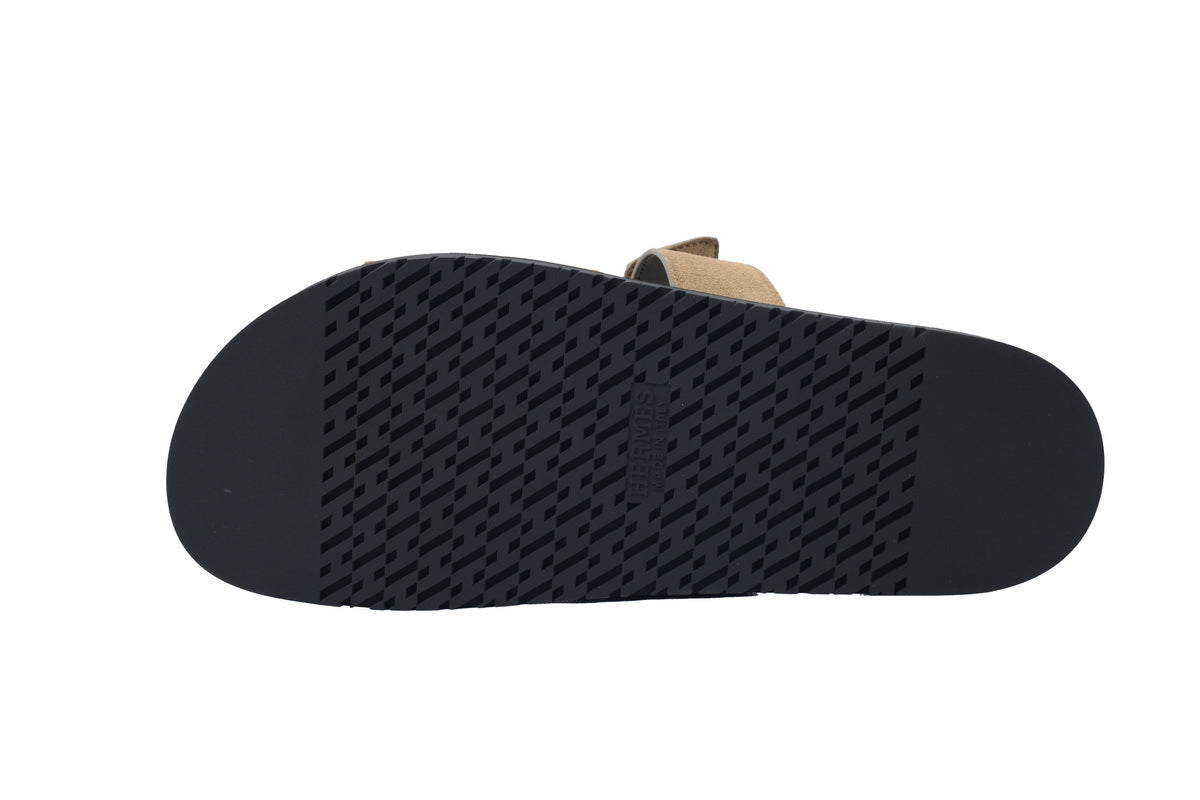 Hermès Chypre Slide Sandals in Khaki Suede