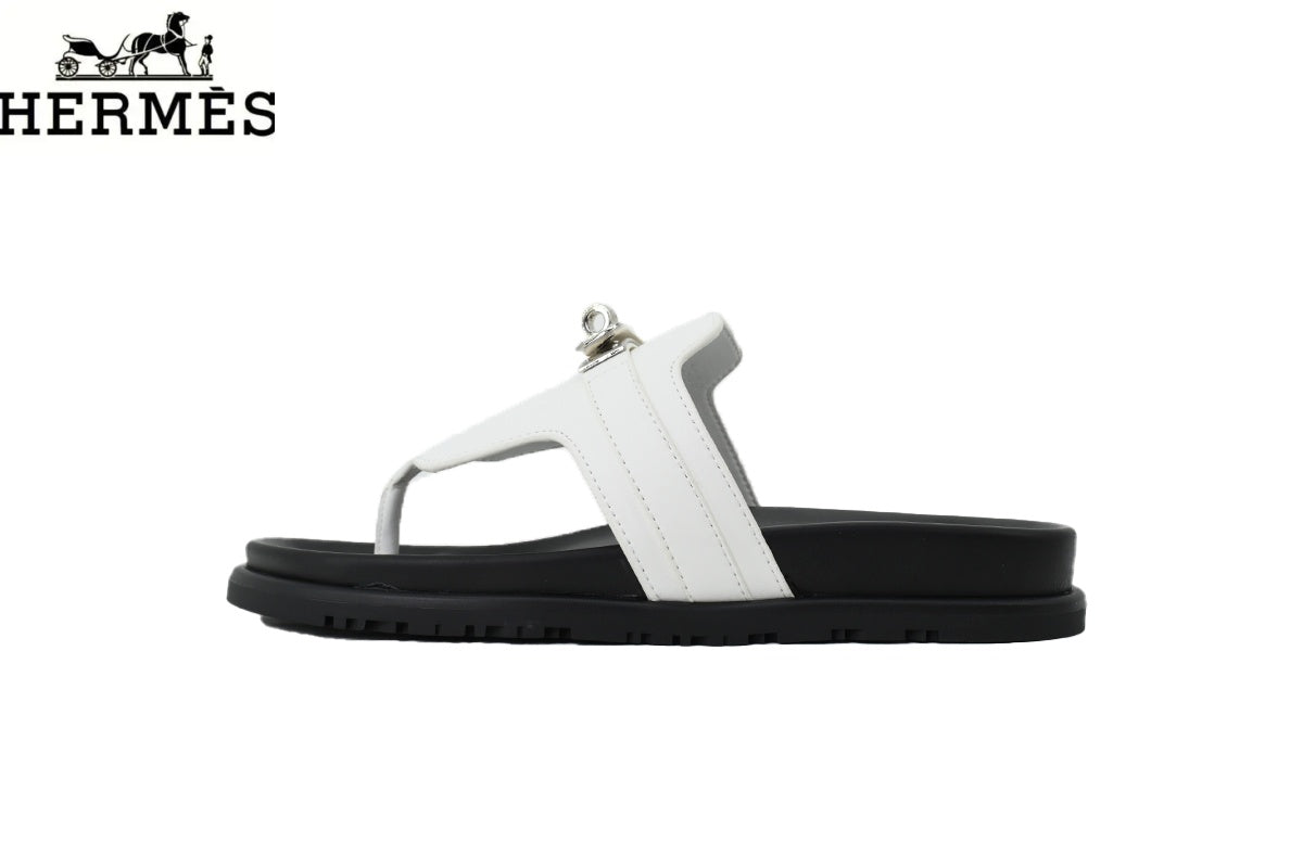 Hermès White Leather Flip-Flop Slide with Metal Buckle